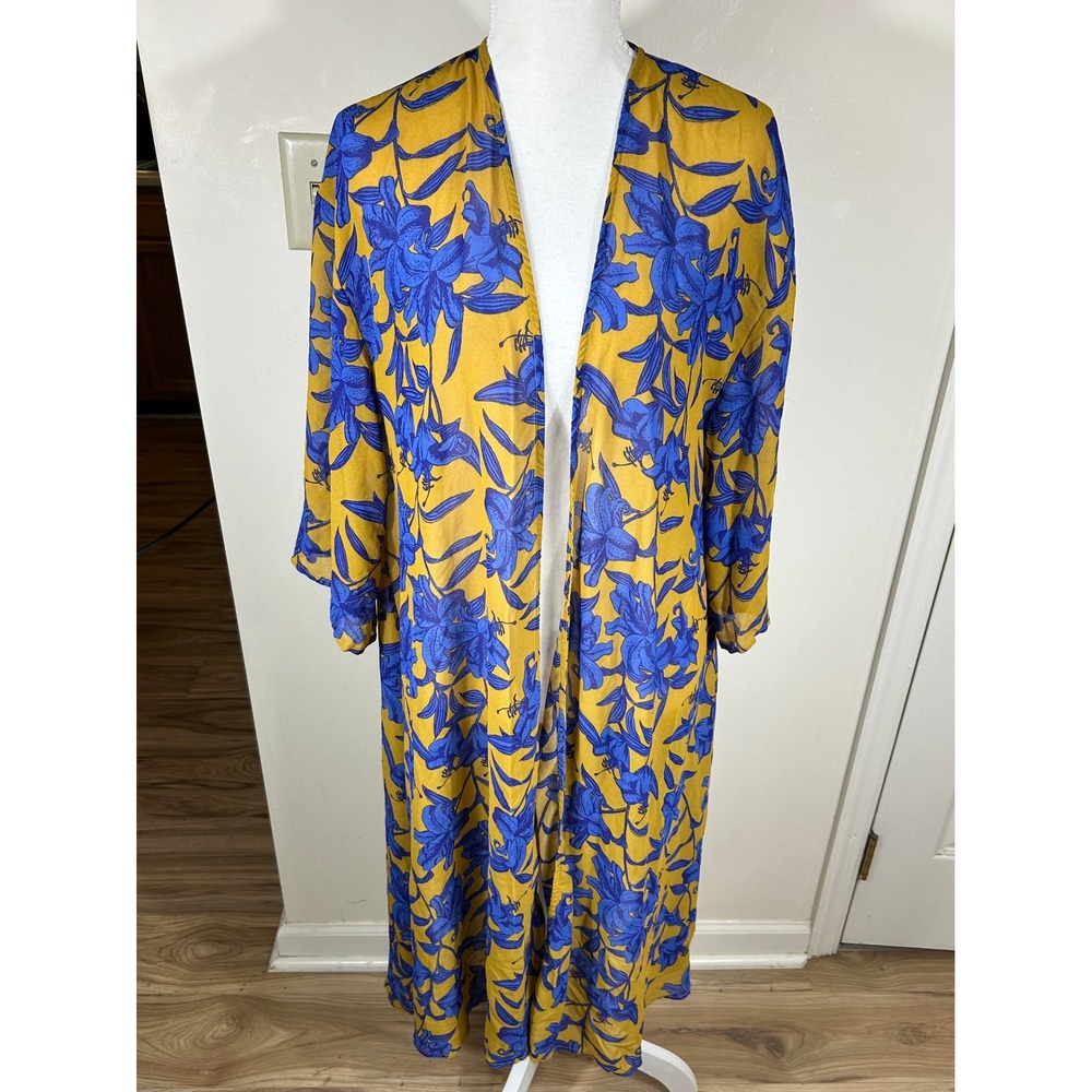 H&M Kimono Duster Women S Gold Blue Floral‎ Open Front Longline Dopamine Beach